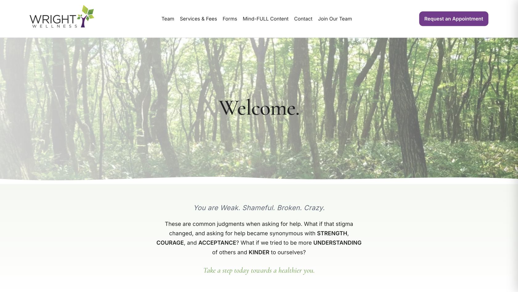 Wright Wellness homepage with a Welcome heading, woodland image, service navigation, and an appointment request button in the header