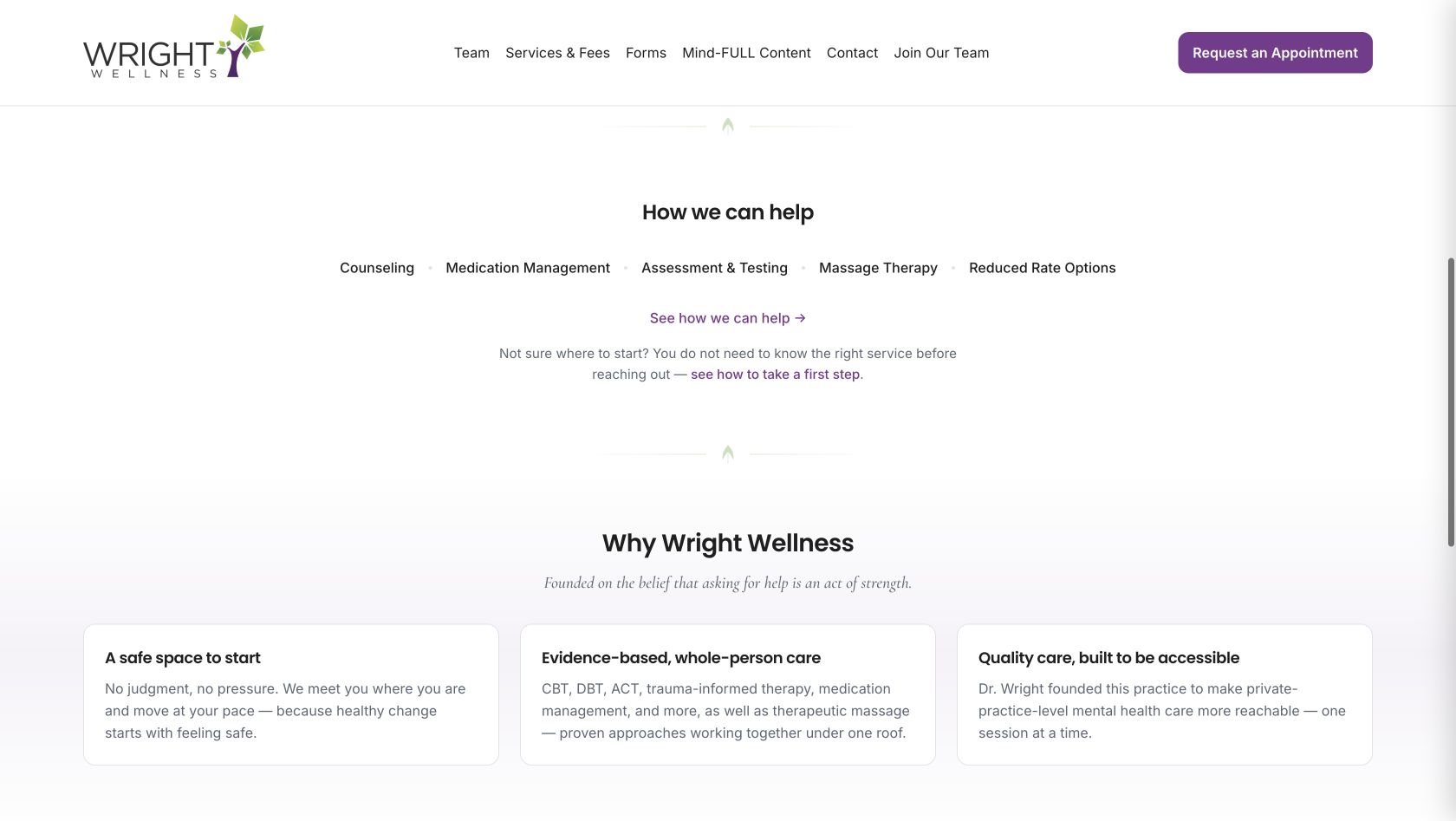Current service list and Not sure where to start guidance above the Why Wright Wellness section